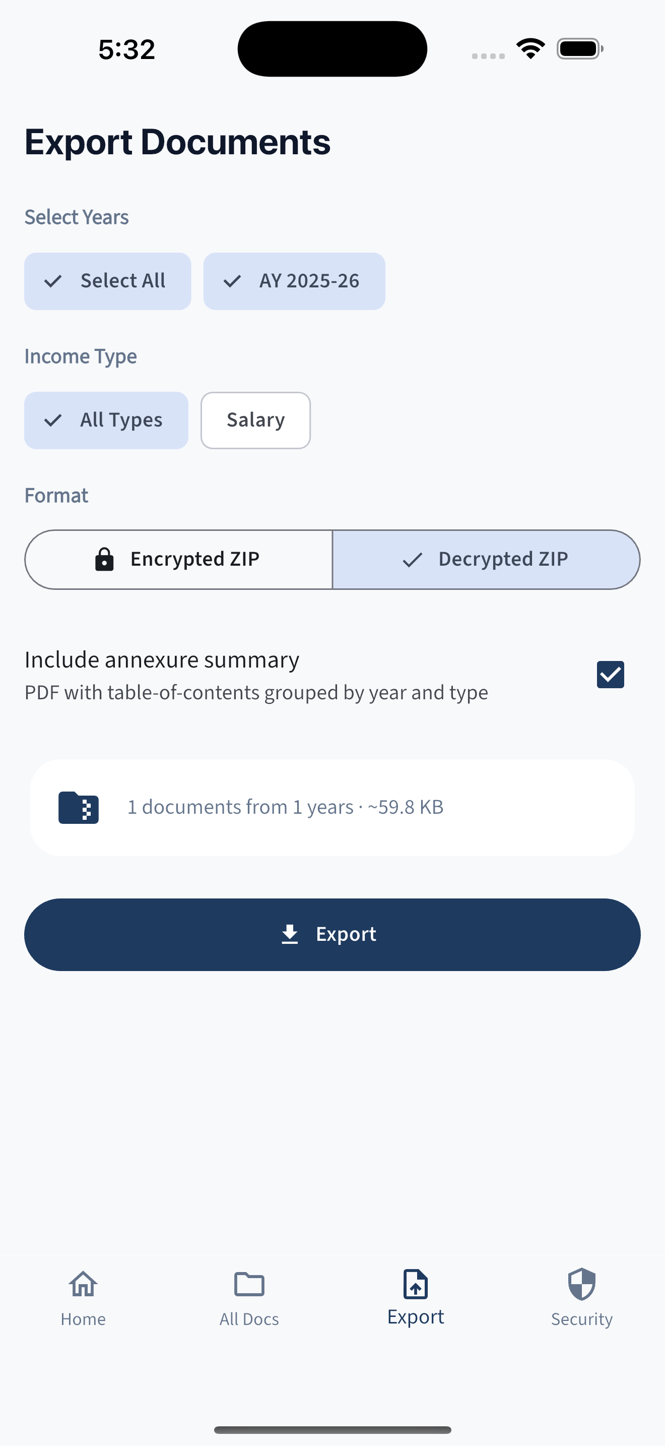 KarSafe app — export selected years as an encrypted or decrypted ZIP with an annexure summary PDF